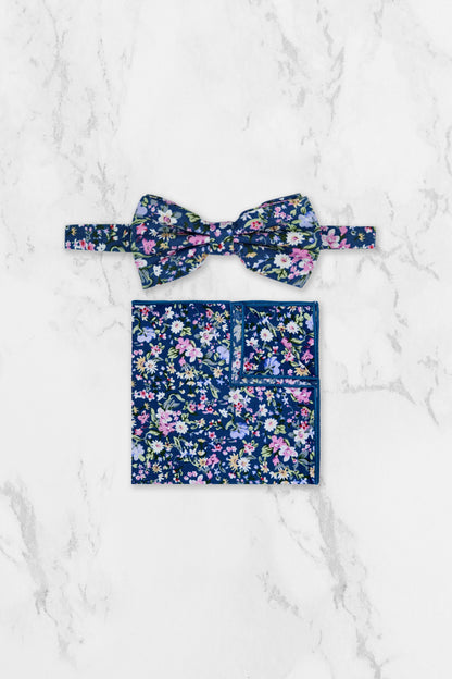 100% Cotton Floral Print Self-Tie Bow Tie - Blue & Pink