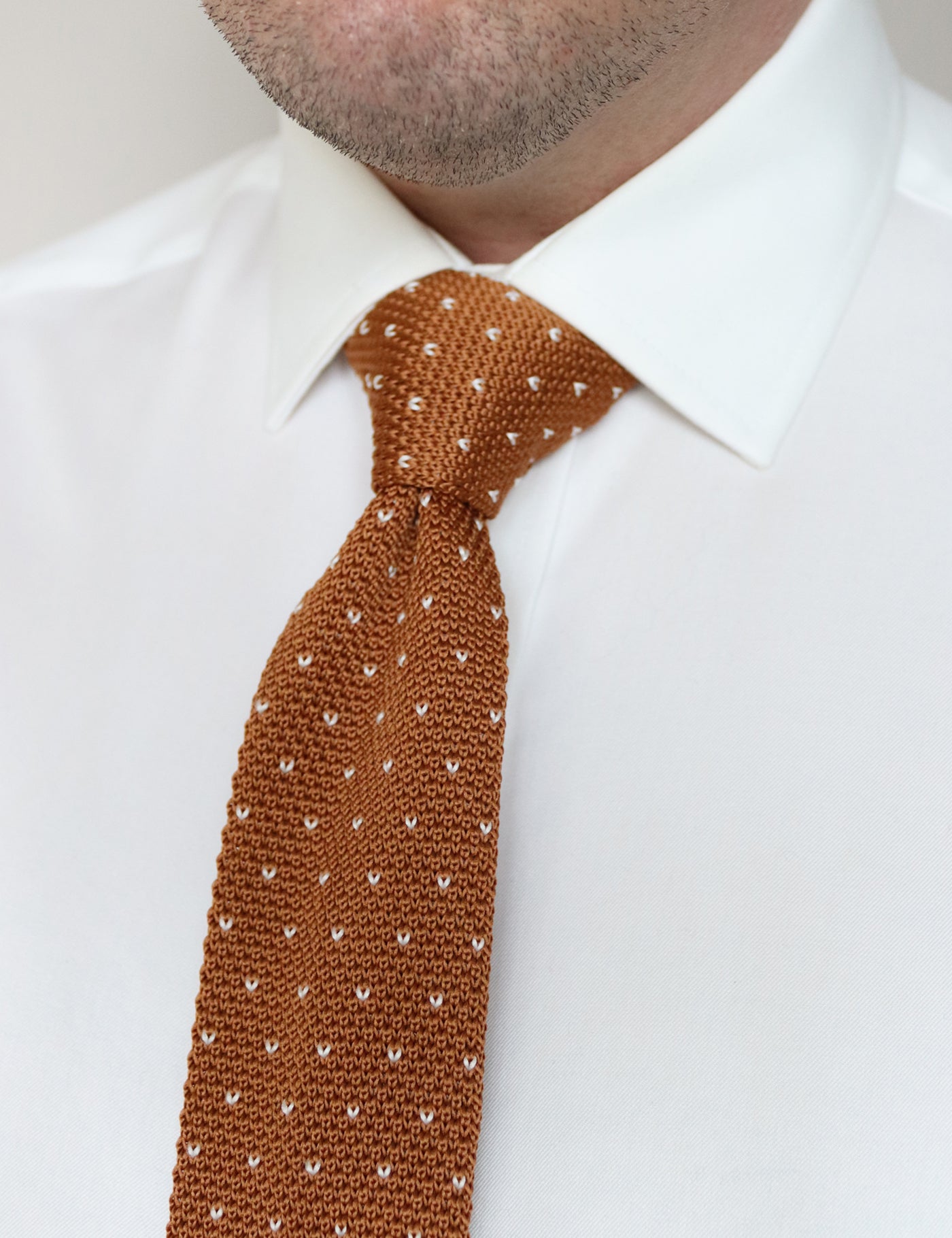 100% Polyester Square End Knitted Tie With Dots - Caramel Brown