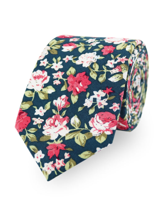 100% Cotton Floral Print Tie - Green & Pink