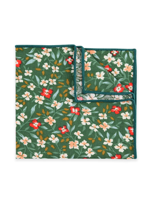 100% Cotton Floral Print Pocket Square - Green