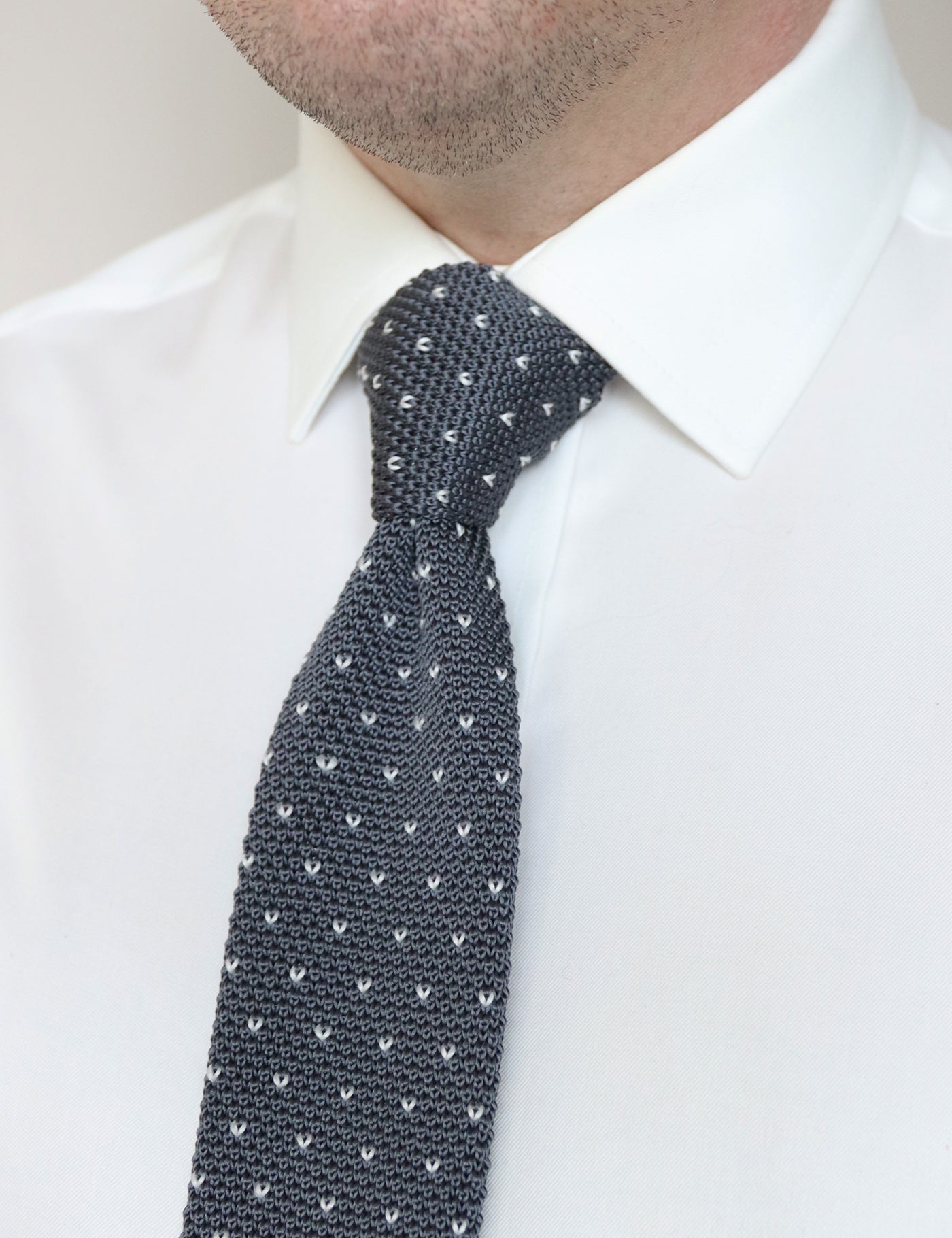 100% Polyester Square End Knitted Tie With Dots - Dark Grey