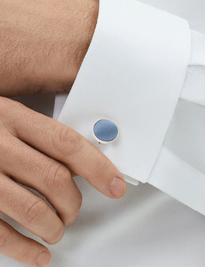 Woven Fabric Faced Cufflinks - Mid Blue