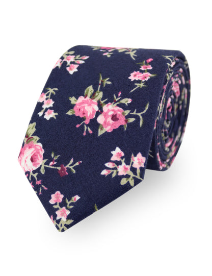 100% Cotton Floral Print Tie - Navy Blue & Pink