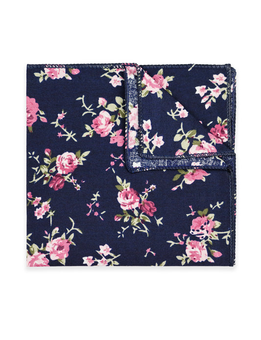 100% Cotton Floral Print Pocket Square - Navy Blue & Pink