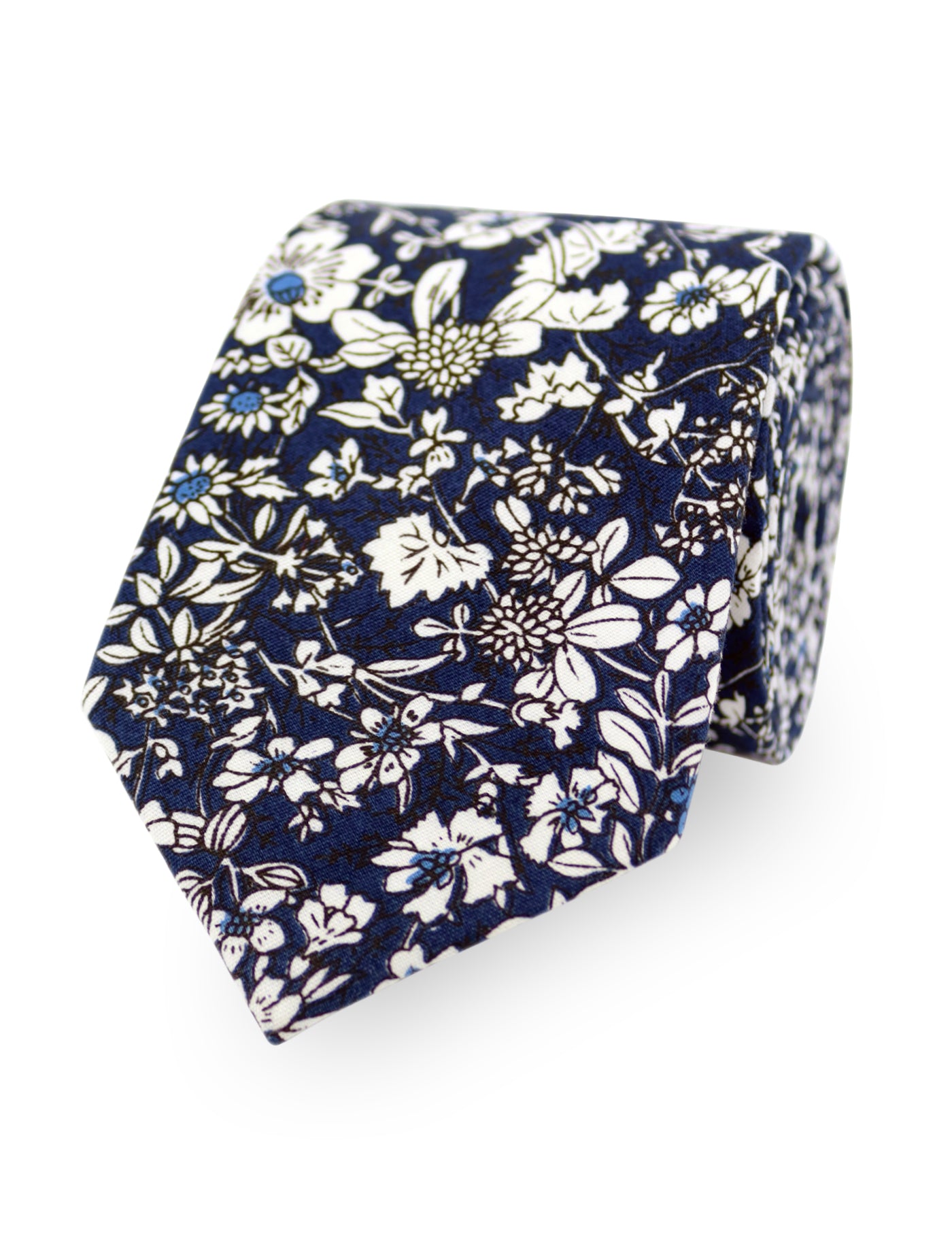 100% Cotton Floral Print Tie - Navy Blue & White