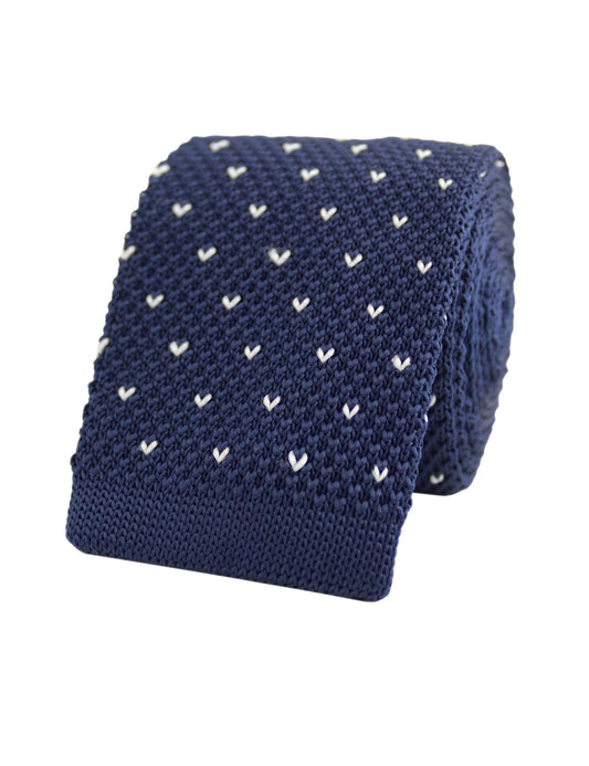 100% Polyester Square End Knitted Tie With Dots - Navy Blue