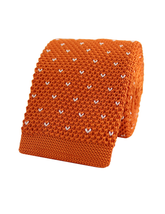 100% Polyester Square End Knitted Tie With Dots - Orange