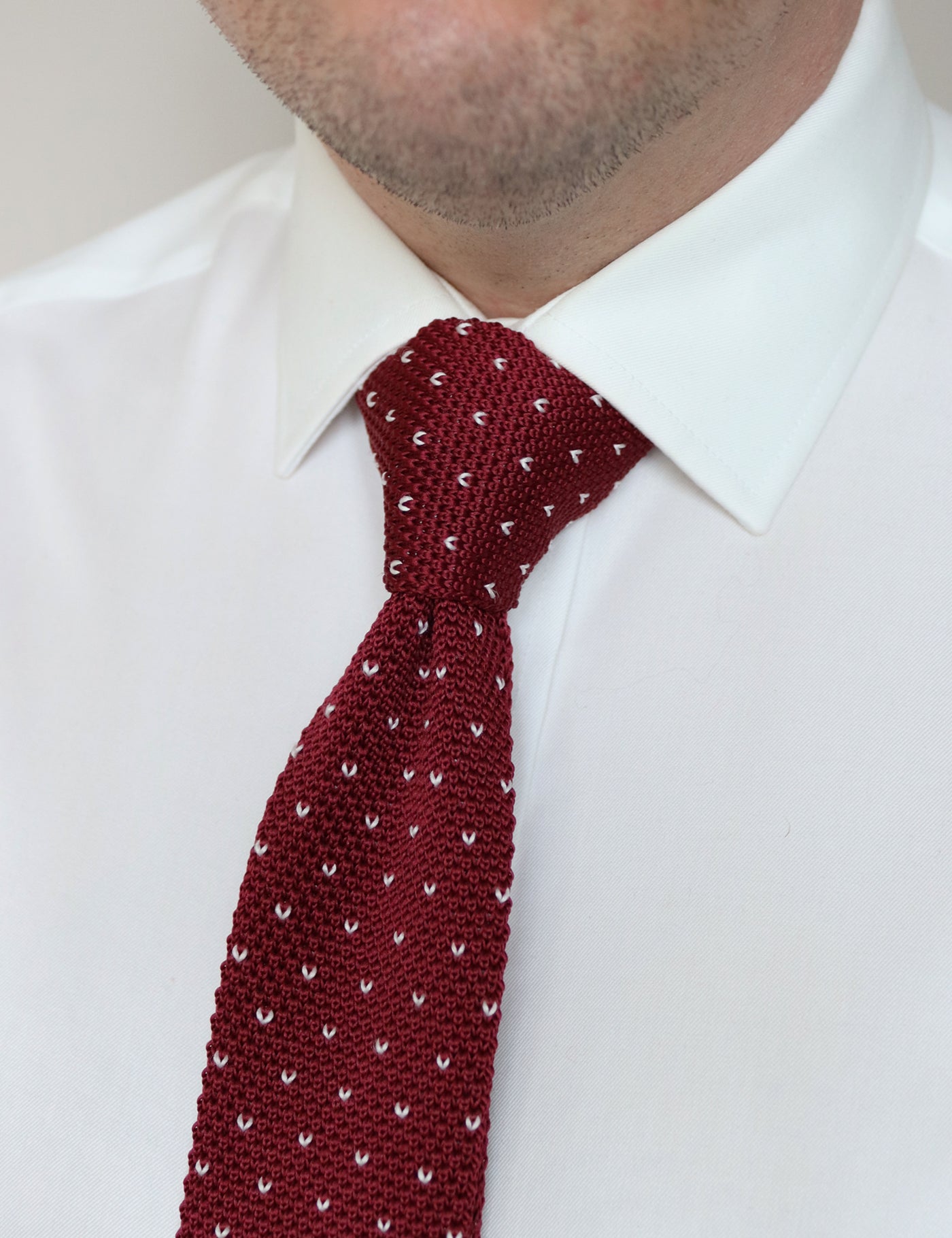 100% Polyester Square End Knitted Tie With Dots - Wine Red