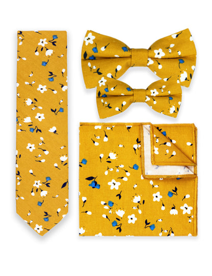 100% Cotton Floral Print Bow Tie - Yellow & Blue