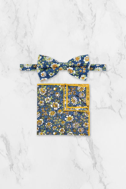 100% Cotton Floral Print Pocket Square - Blue & Yellow