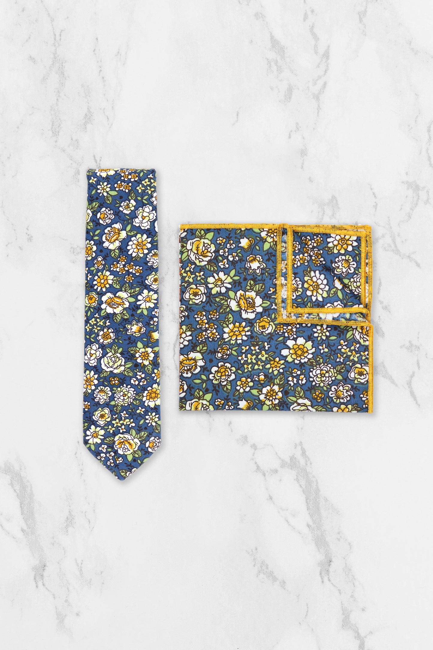 100% Cotton Floral Print Pocket Square - Blue & Yellow