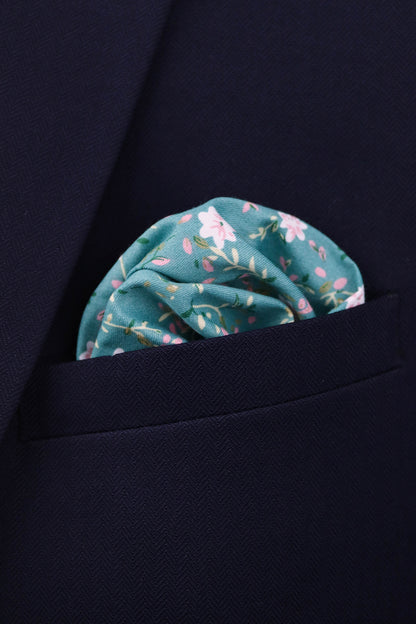 100% Cotton Floral Print Pocket Square - Teal Blue & White