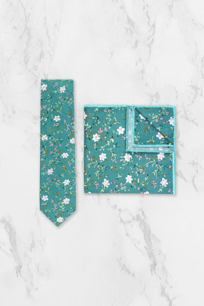 100% Cotton Floral Print Tie - Teal Blue & White