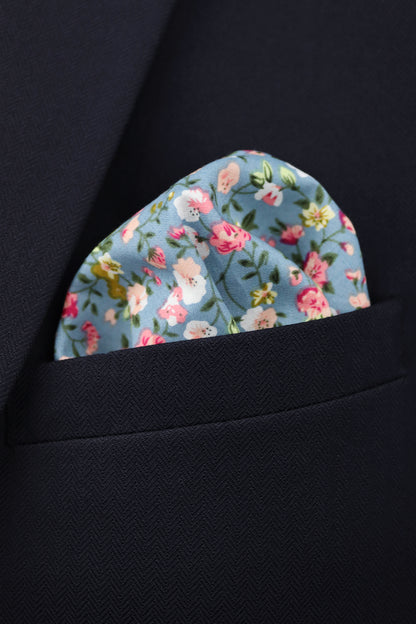 100% Cotton Floral Print Pocket Square - Blue & Pink