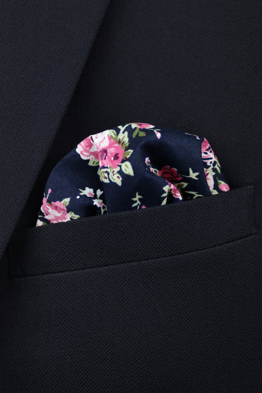 100% Cotton Floral Print Pocket Square - Navy Blue & Pink