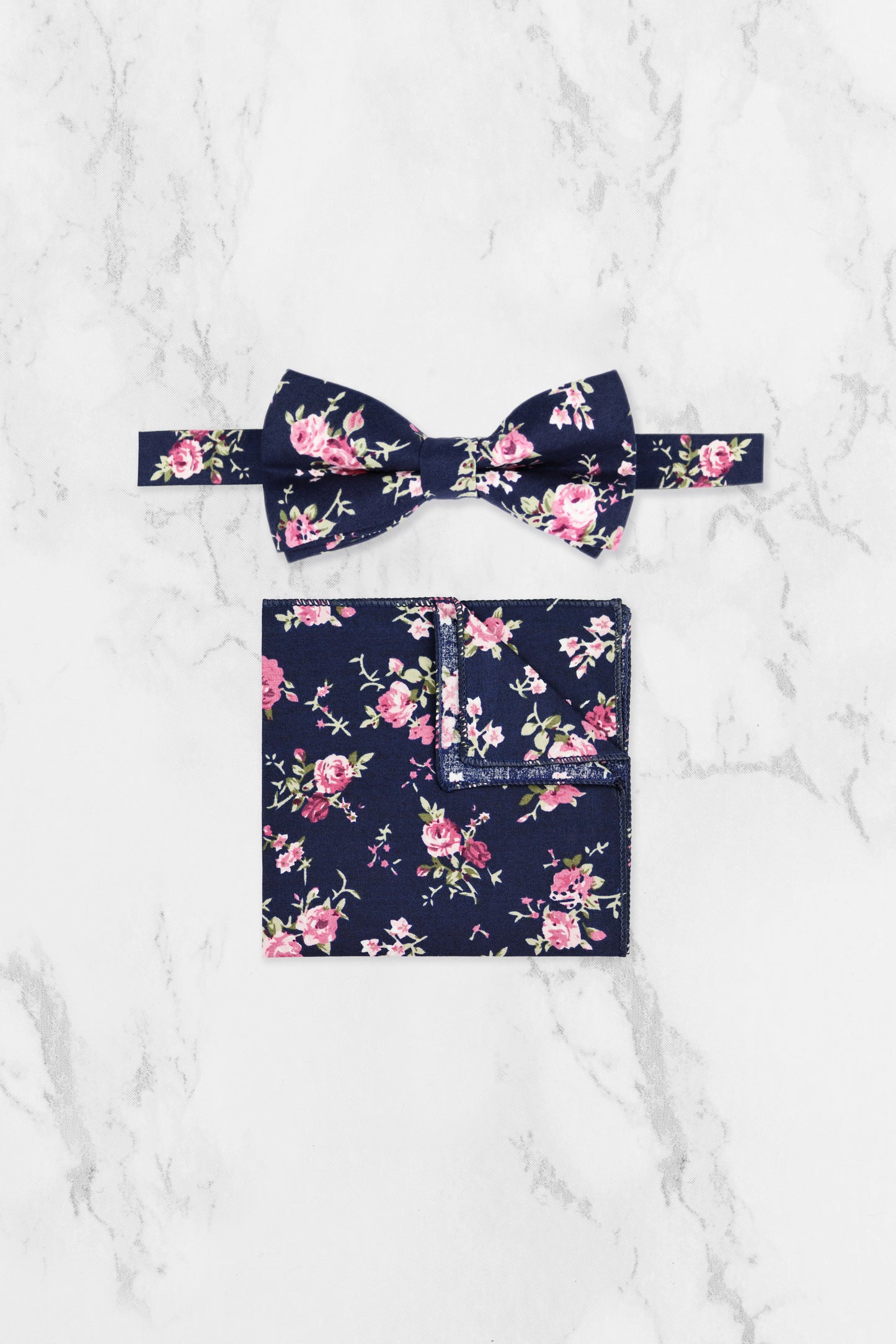 100% Cotton Floral Print Bow Tie - Navy Blue & Pink