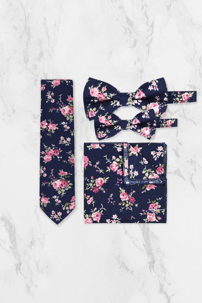 100% Cotton Floral Print Pocket Square - Navy Blue & Pink