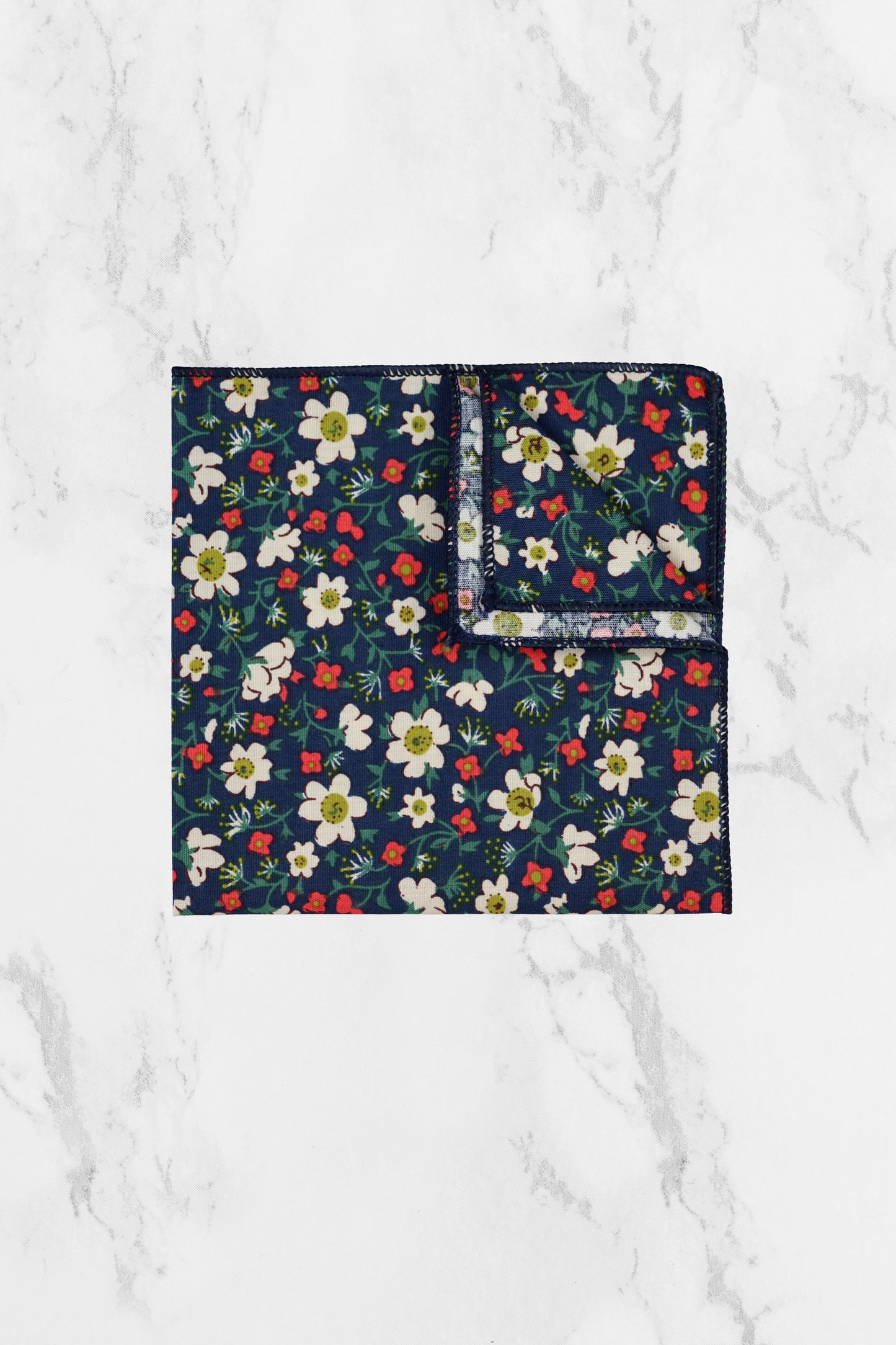 100% Cotton Floral Print Tie - Navy Blue, White & Red