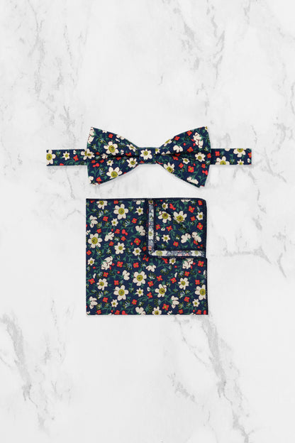 100% Cotton Floral Print Bow Tie - Navy Blue, White & Red