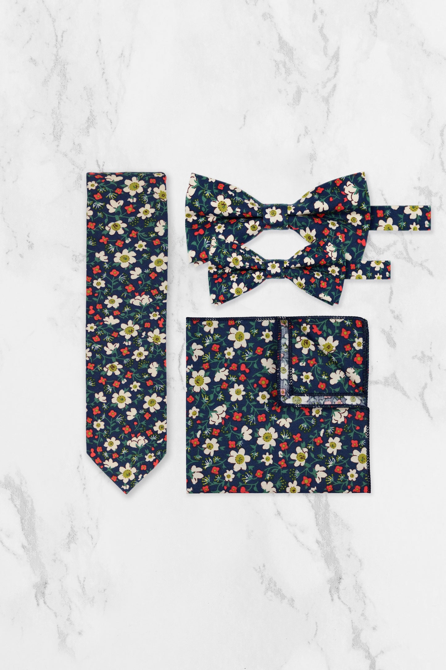 100% Cotton Floral Print Tie - Navy Blue, White & Red