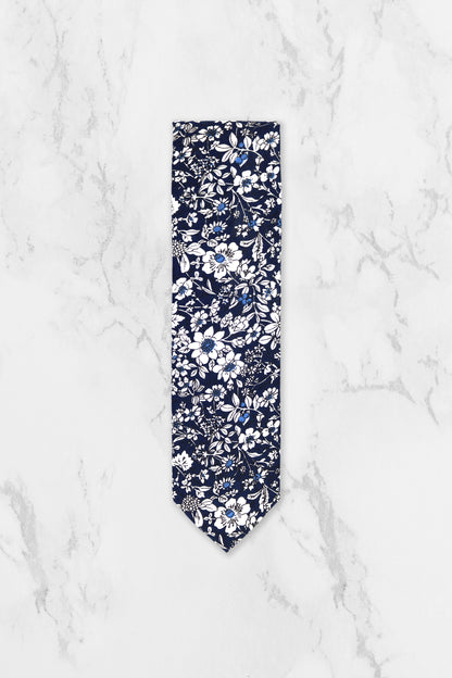 100% Cotton Floral Print Pocket Square - Navy Blue & White