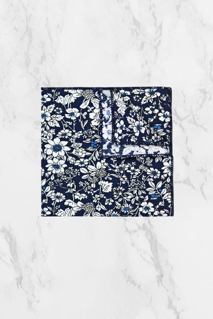 100% Cotton Floral Print Tie - Navy Blue & White