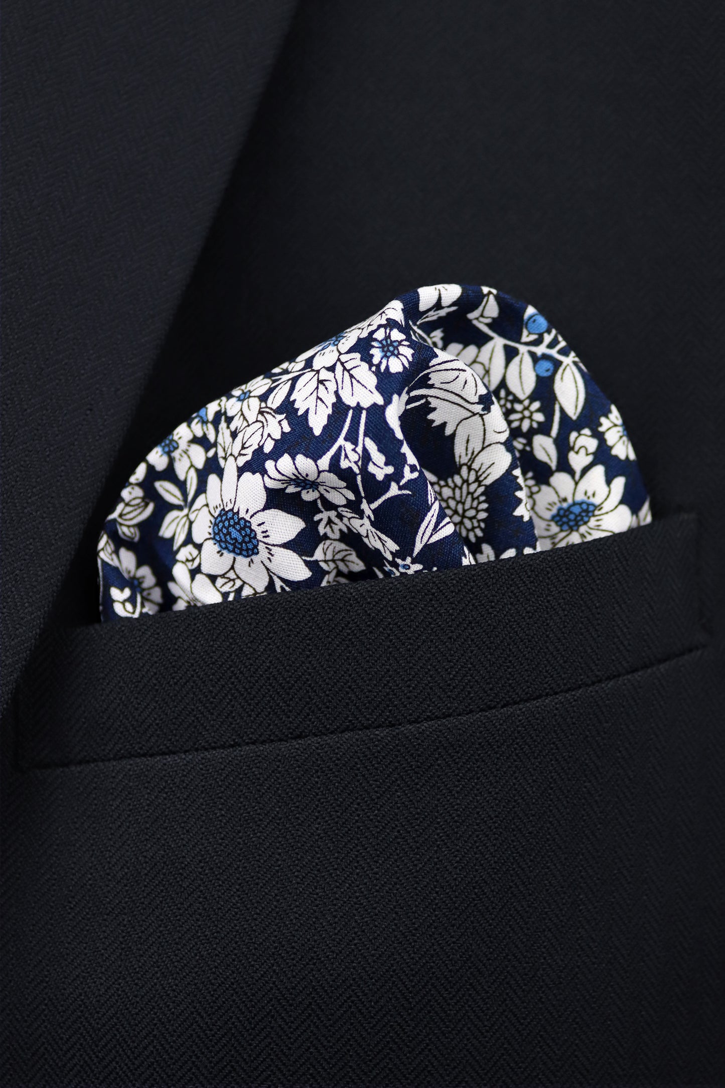 100% Cotton Floral Print Pocket Square - Navy Blue & White