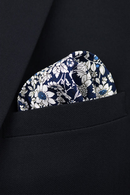 100% Cotton Floral Print Pocket Square - Navy Blue & White