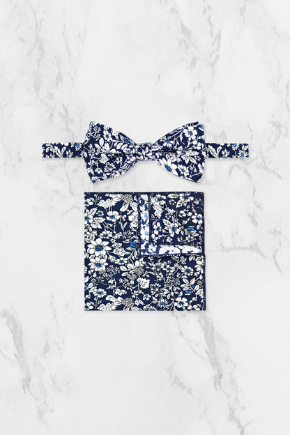 100% Cotton Floral Print Tie - Navy Blue & White