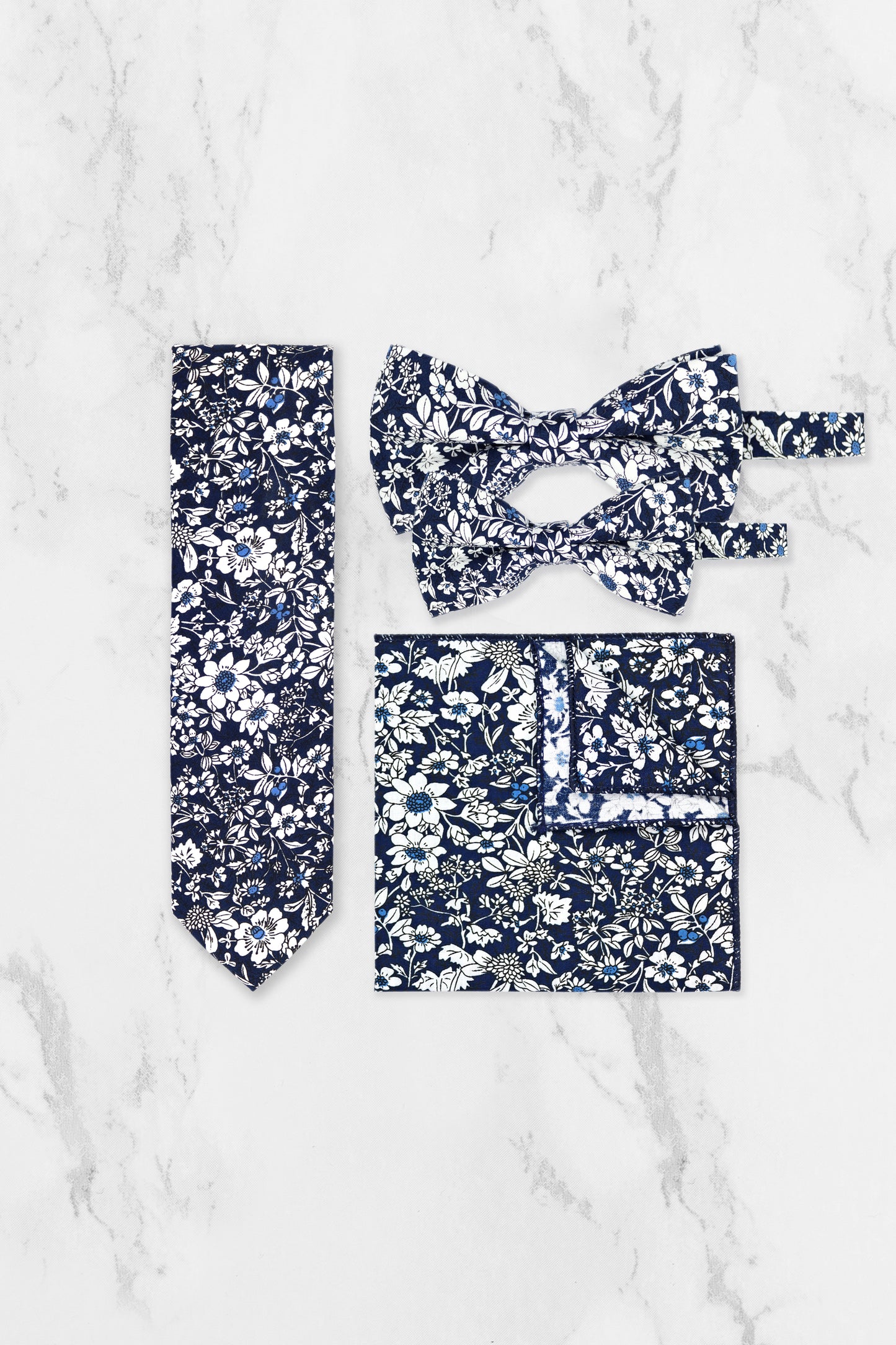 100% Cotton Floral Print Tie - Navy Blue & White