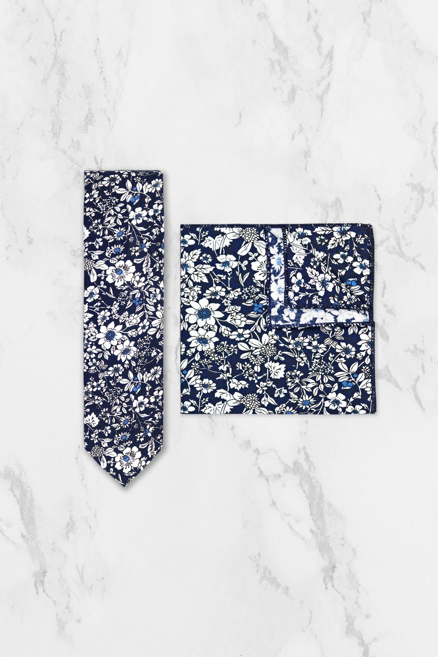 100% Cotton Floral Print Tie - Navy Blue & White