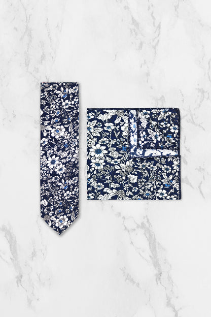 100% Cotton Floral Print Tie - Navy Blue & White