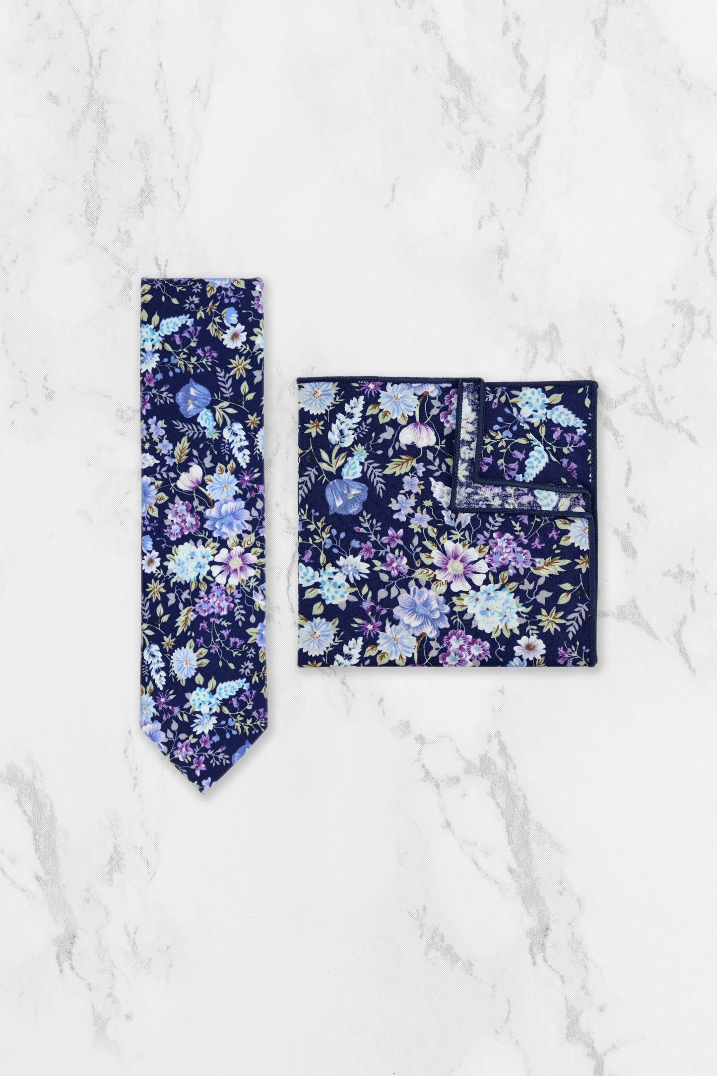 100% Cotton Floral Print Pocket Square - Navy Blue & Purple