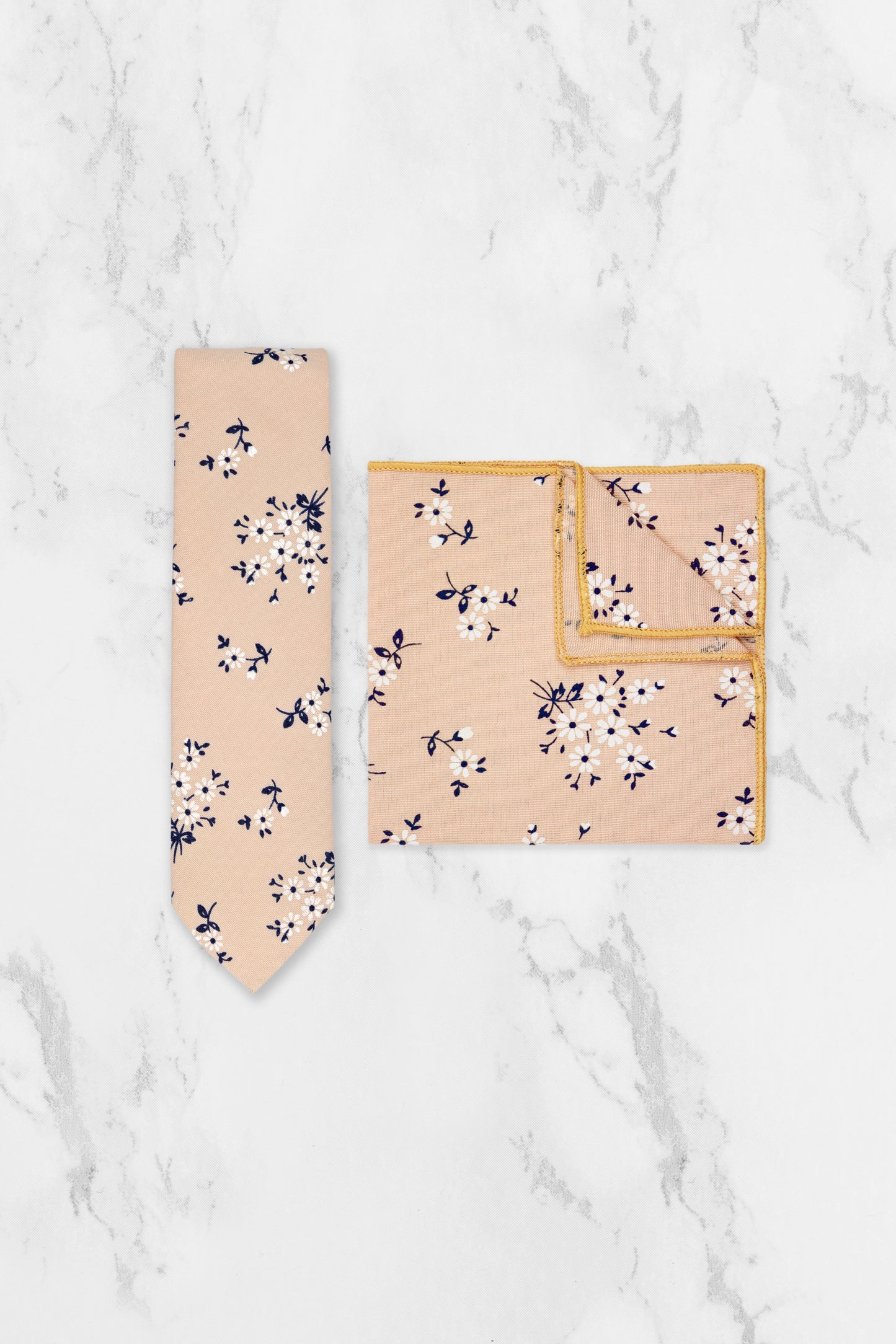 100% Cotton Floral Print Tie - Peach & Navy